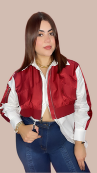 Burgundy & White Button Blouse