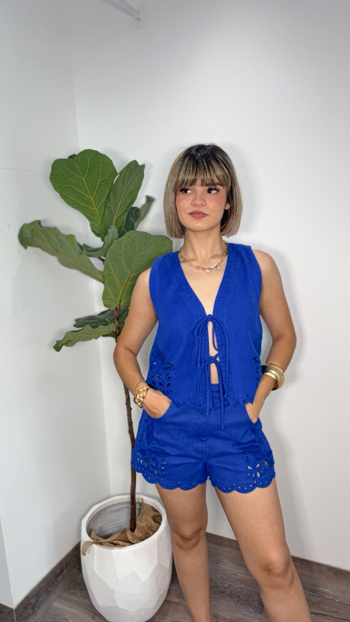 Electric Blue Eyelet Tie-Front Top