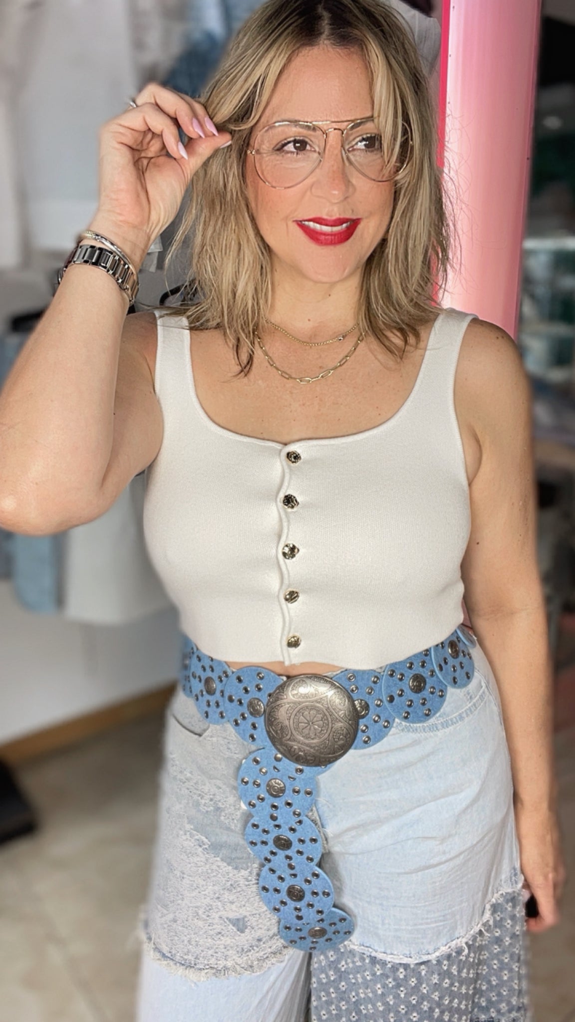 Button Gold White Top