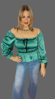 Teal & Black Off Shoulder Top