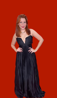 V Pleated Black Maxi Dress