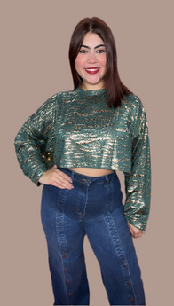 Teal & Gold A. Print top