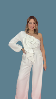 One Shoulder Flower White Jumpsuit