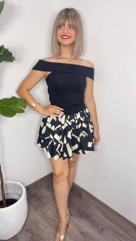 Black & Ivory Off Shoulder Short Dress