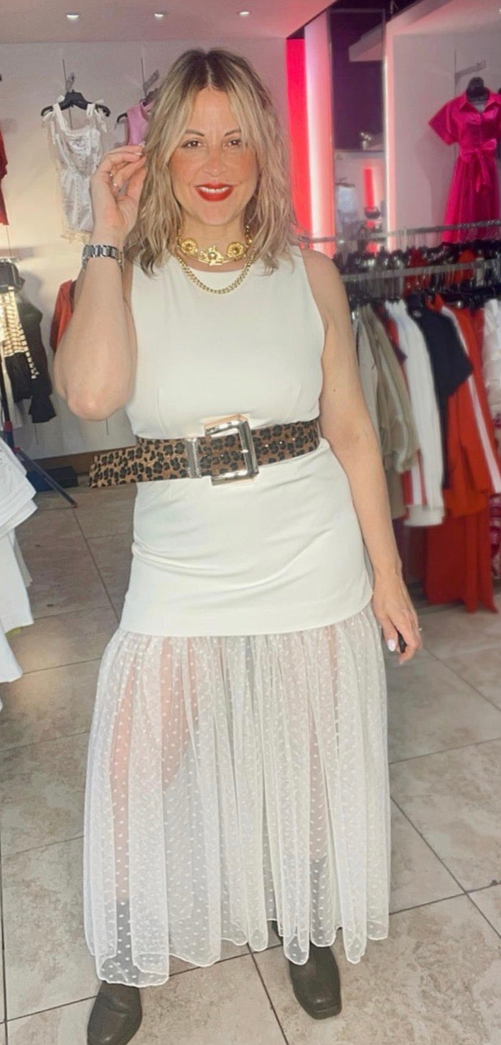 CALINA EGGSHELL PATCHWORK MESH DRESS