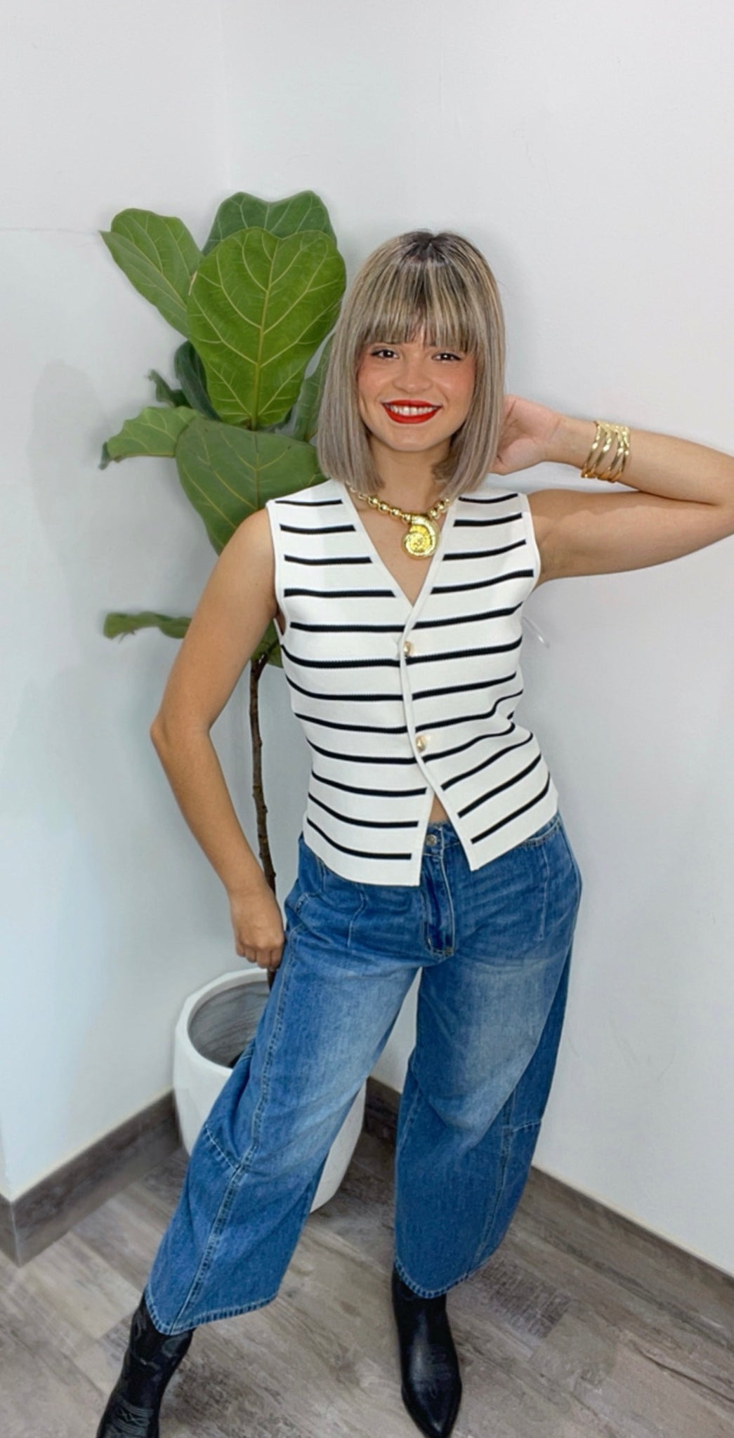Black Striped White Vest