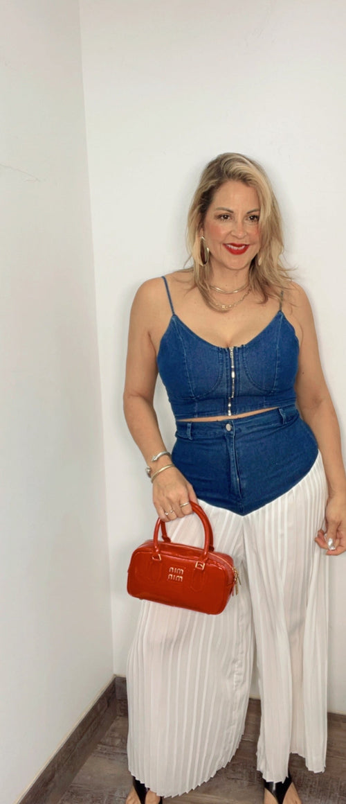 "Denim In White" Top & Plissé Pants Set