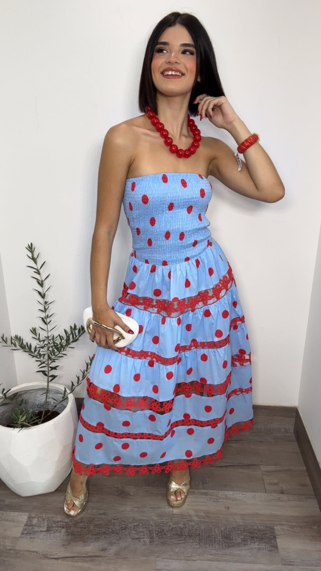 Sky Blue Red Polka Dot Dress