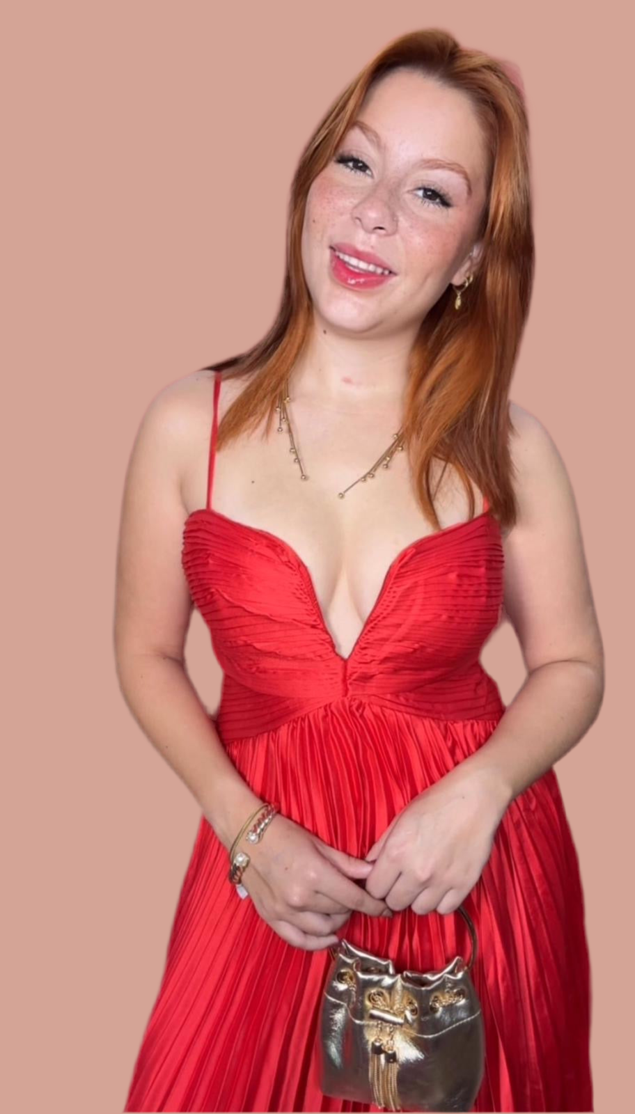 V Pleated Red Maxi Dress