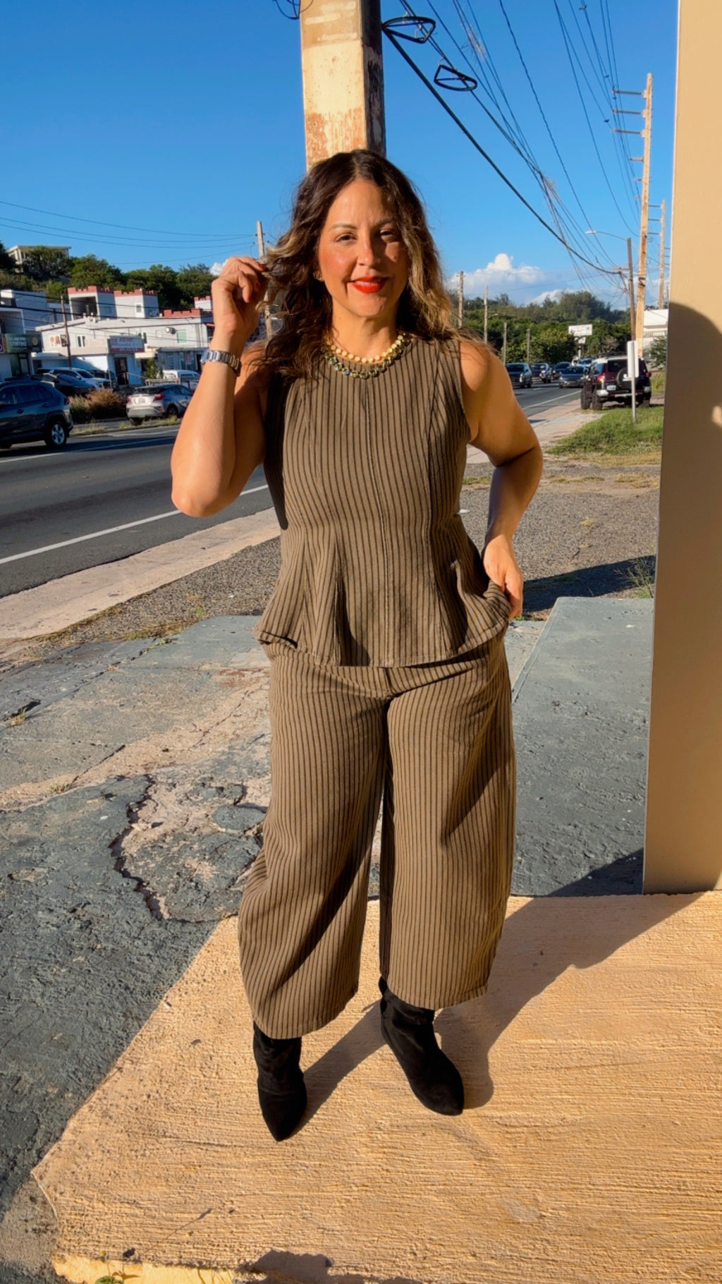 Olive Peplum Stripe Set