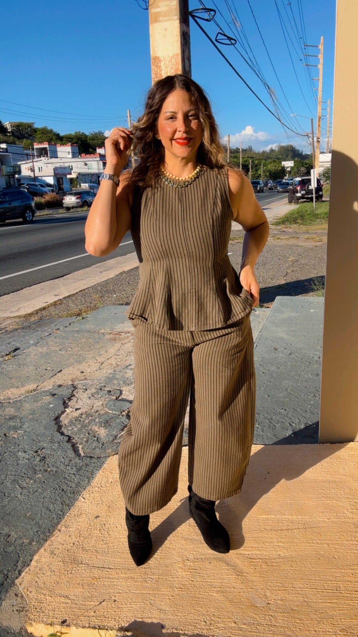 Olive Peplum Stripe Set