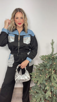 Glitter Black & Denim Jacket & Pant Set
