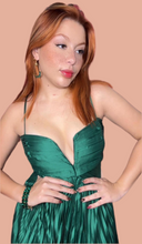 V Pleated Green Maxi Dress