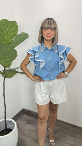 Rhinestone Denim Ruffle Top