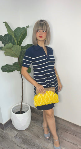 Striped Collar V Knit Navy Mini Dress