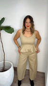 Camel Sculpted Peplum Wide-Leg Pant Set