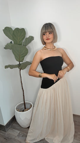 Black & Nude Two Tone Maxi-Dress