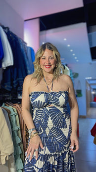 Tropical Leaf Navy Taupe Maxi Dress