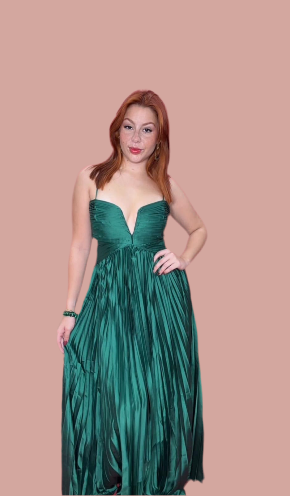 V Pleated Green Maxi Dress