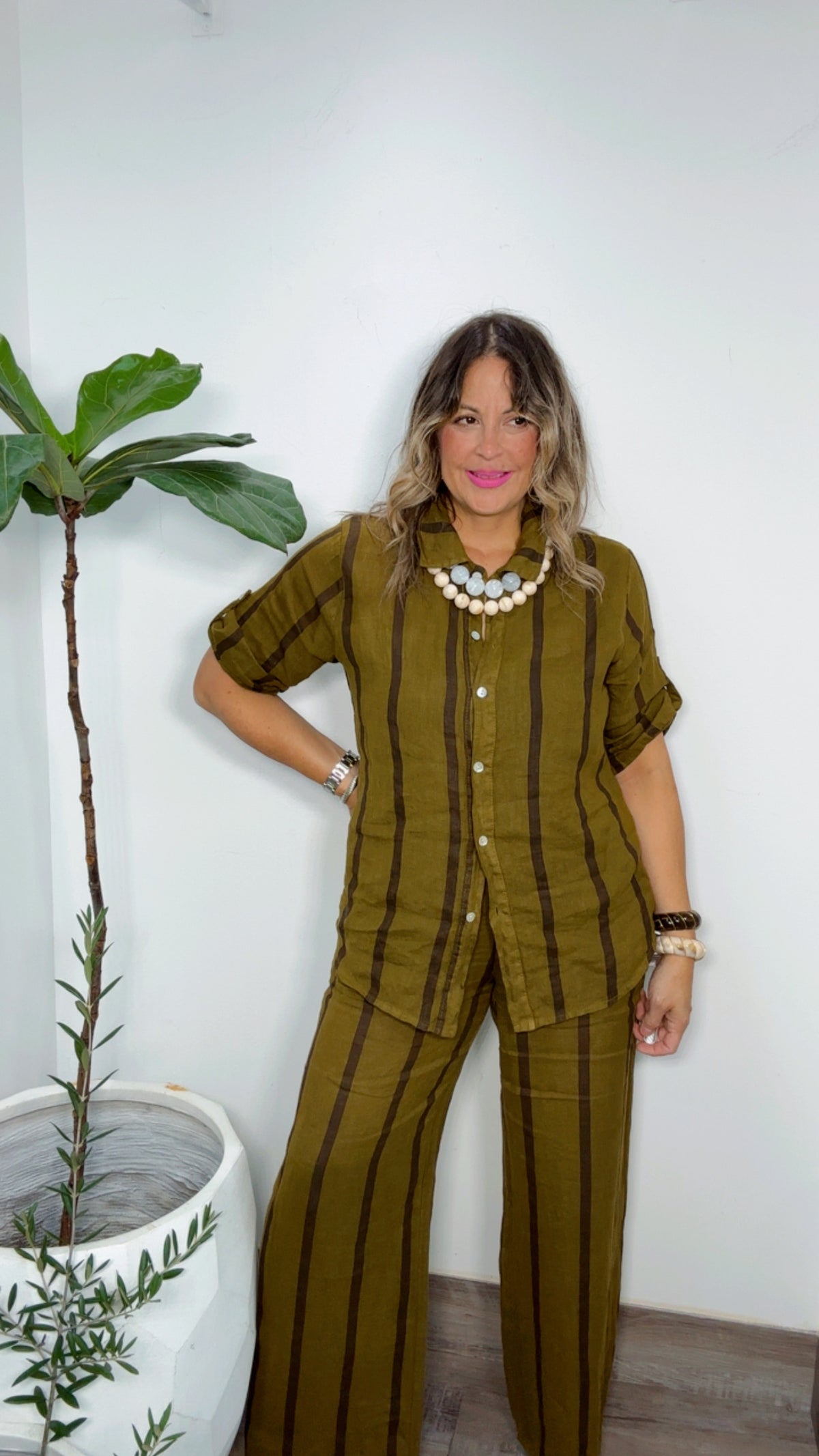 Olive Stripe Linen Set