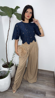 Cropped Broderie Anglaise Top (Navy)