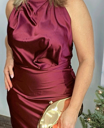 Velvet Wine Satin Halter Maxi Dress
