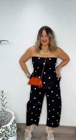 Black Polka Dot Strapless Peplum Pants Set
