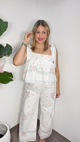 White Embroidery Patel Colors Lining Top & Pant Set