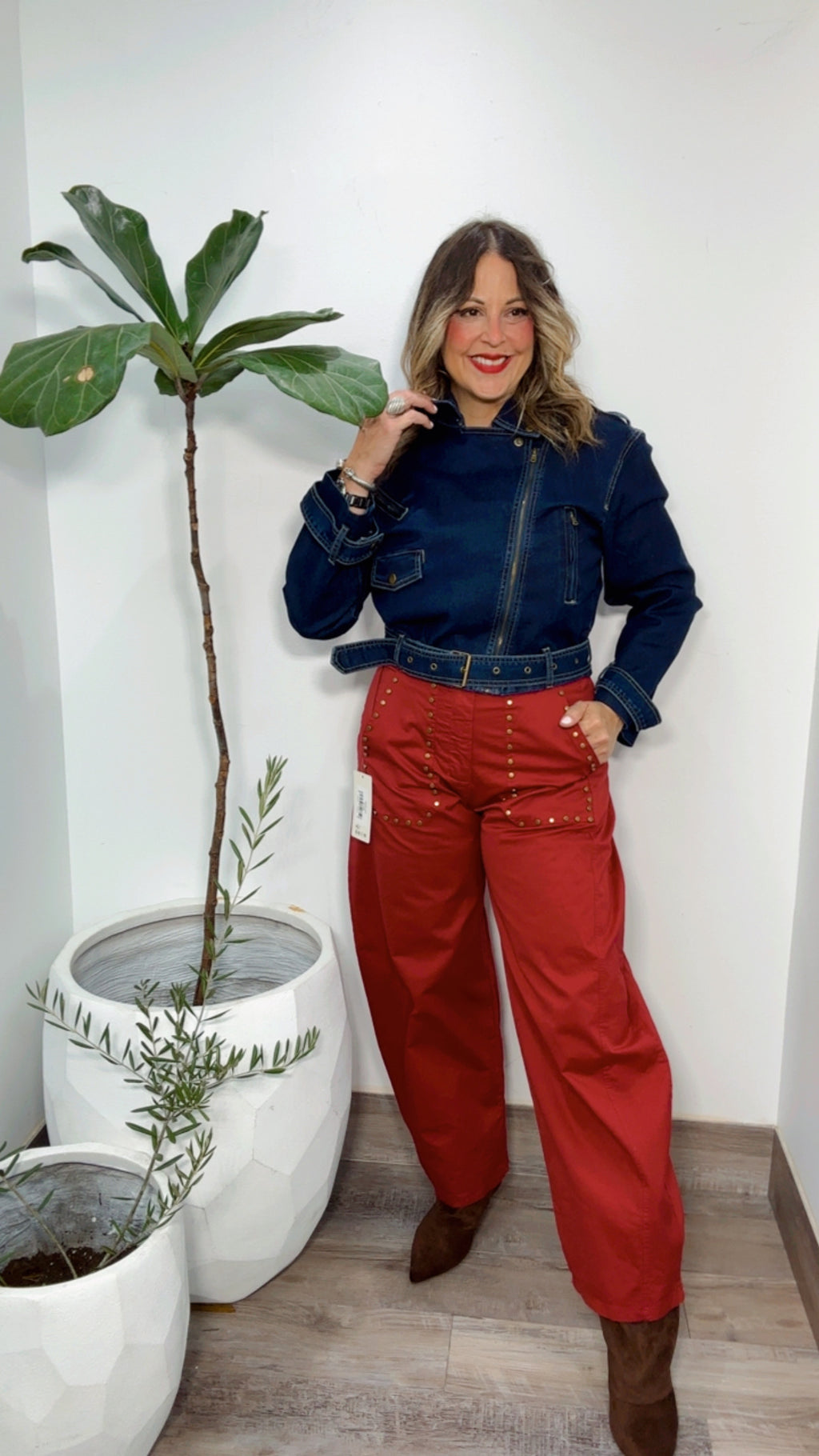 Burgundy Italy Dots Barrel Pants