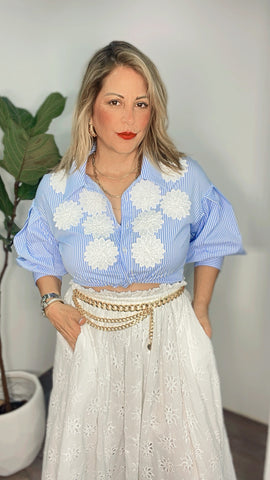 White Flowers Striped Blue Blouse