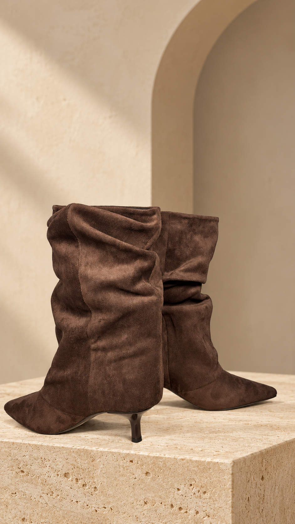 Chocolate Suede Slouchy Kitten Heel Boots