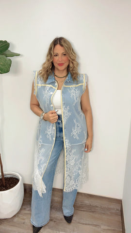 Lace Overlay Denim Vest