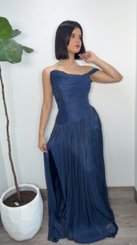 Plissé Navy Formal Dress