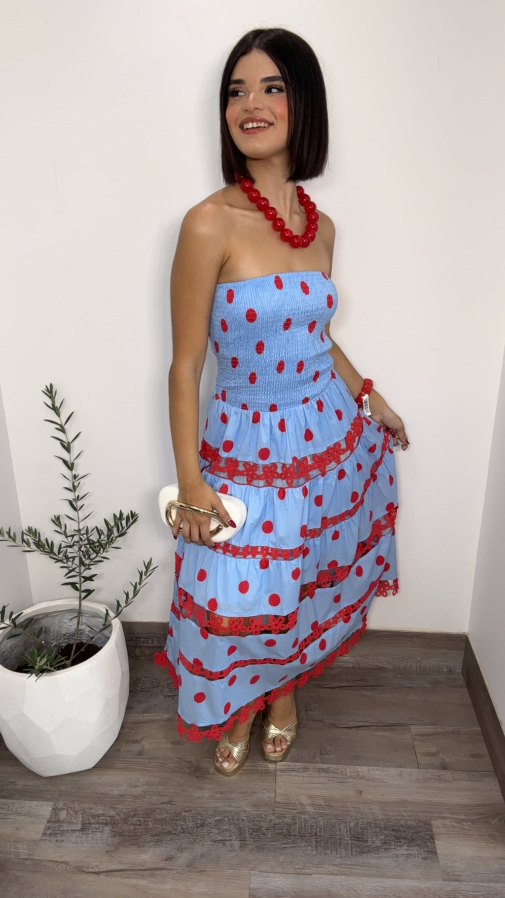 Sky Blue Red Polka Dot Dress