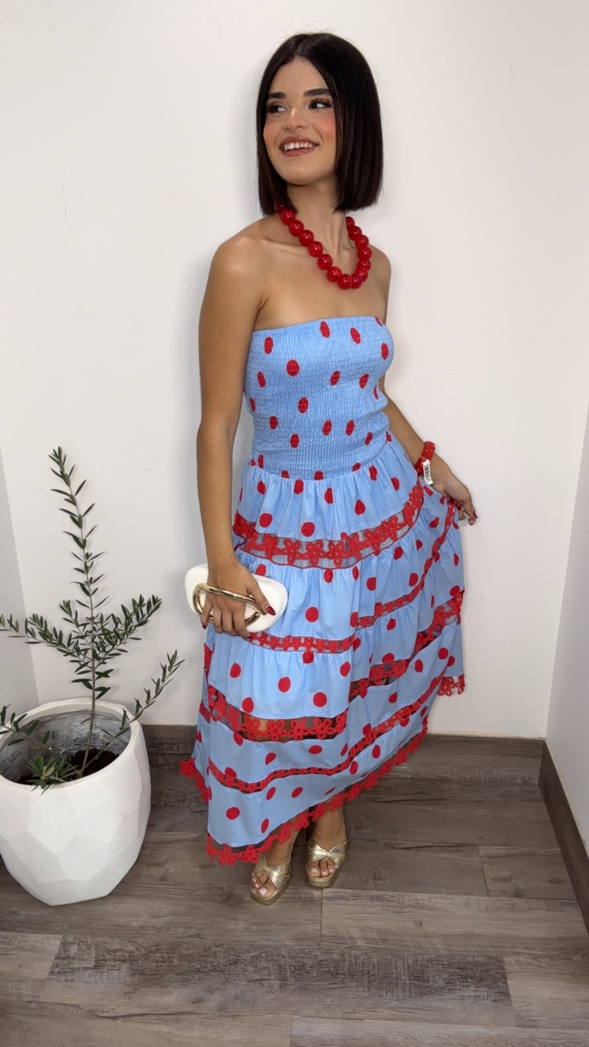 Sky Blue Red Polka Dot Dress