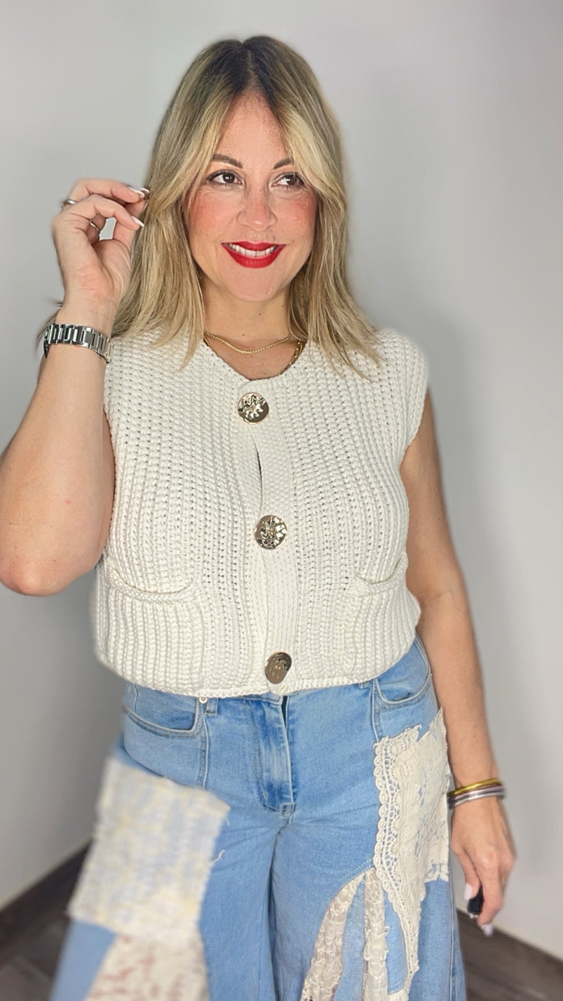 Crochet White Button Vest