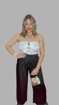 White Satin Bow Tube & Pant Set