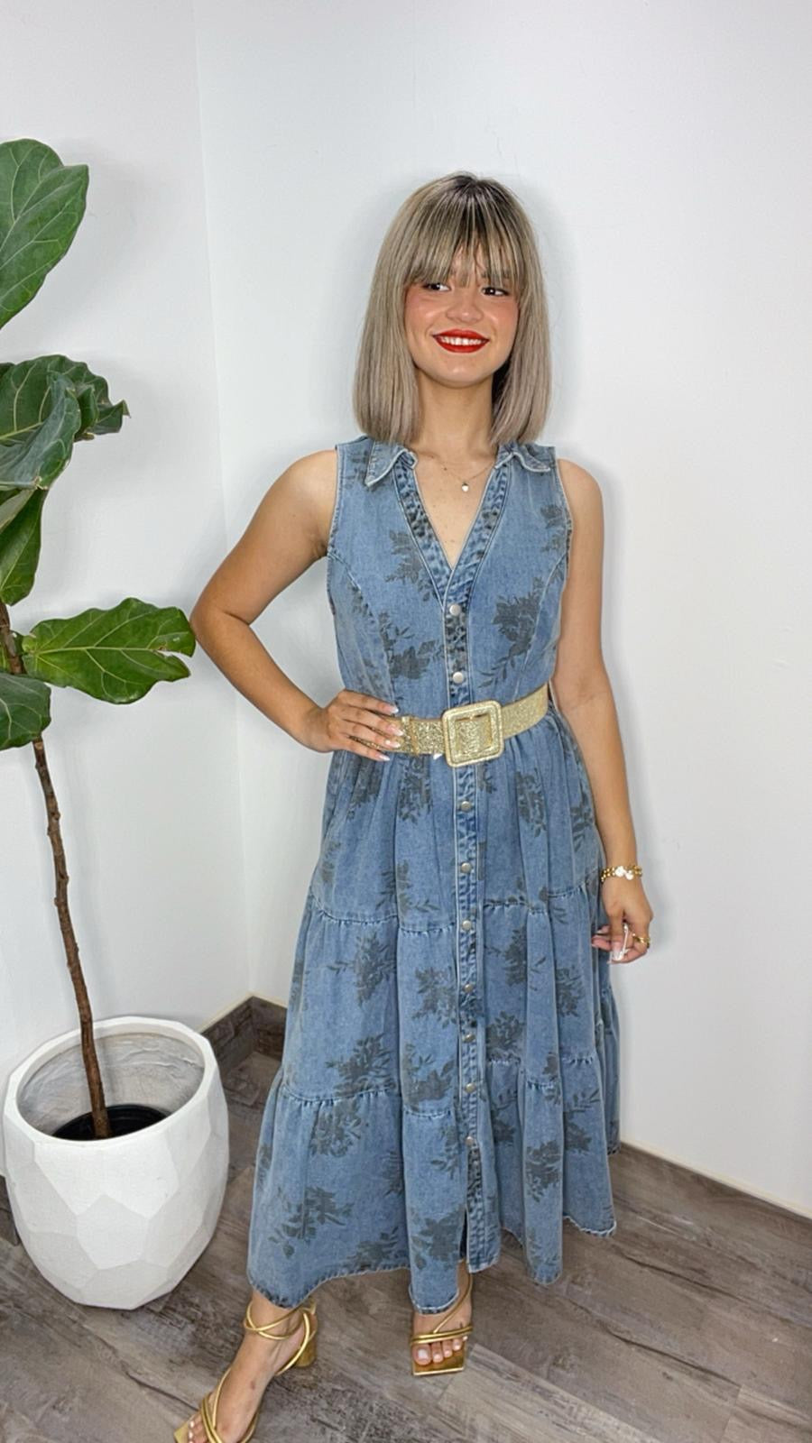 Print Denim Midi Dress