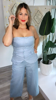 Baby Blue Linen Strapless Vest
