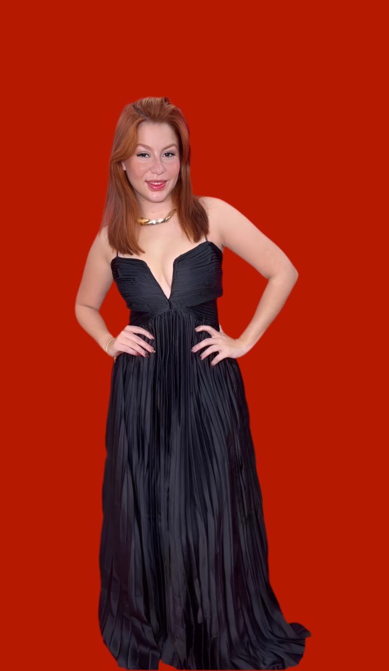 V Pleated Black Maxi Dress