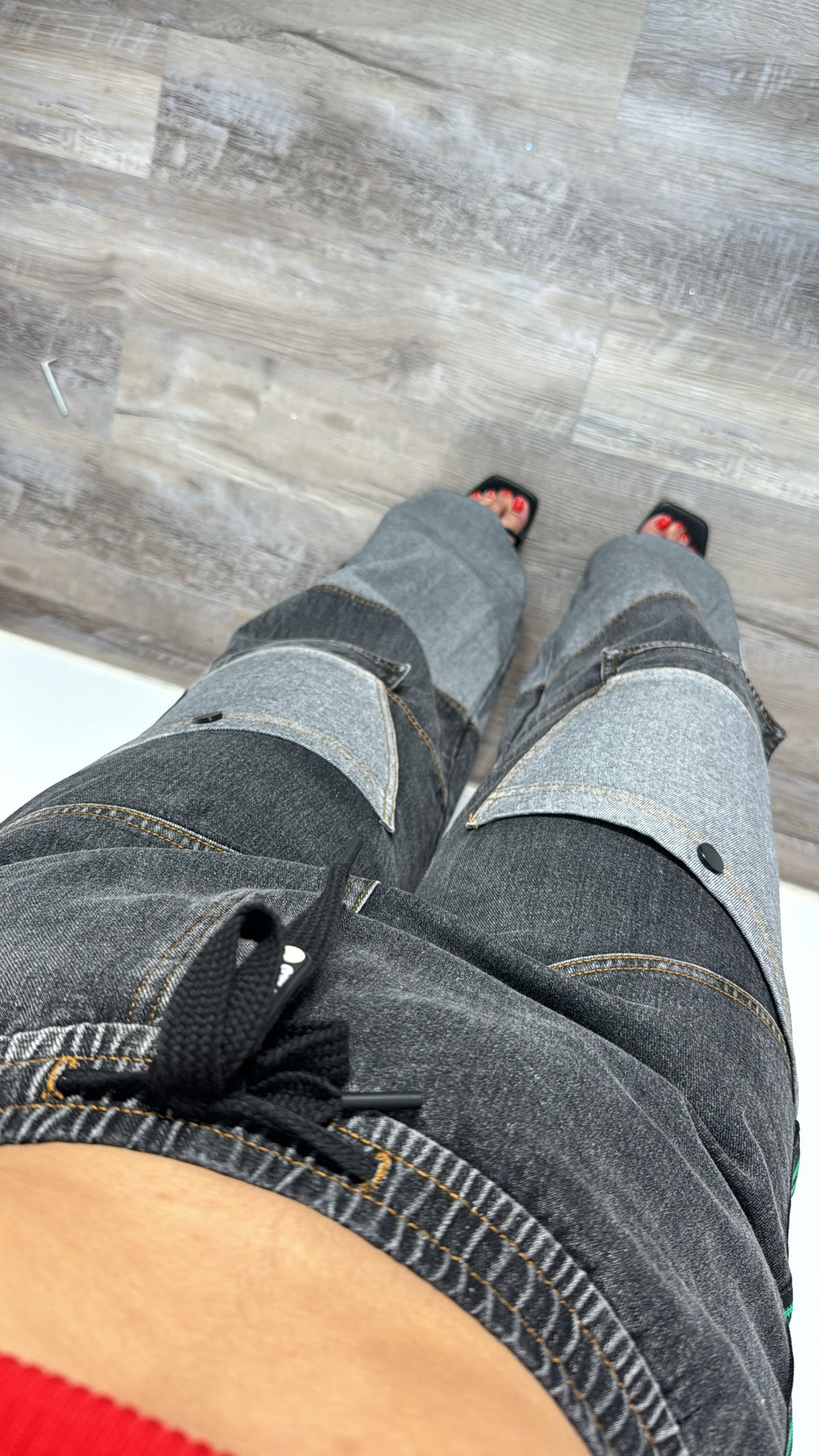 Black Denim Red/Green Details Cargo
