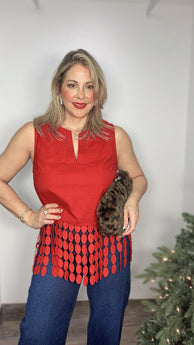 Red Linen Circle Fringe Top