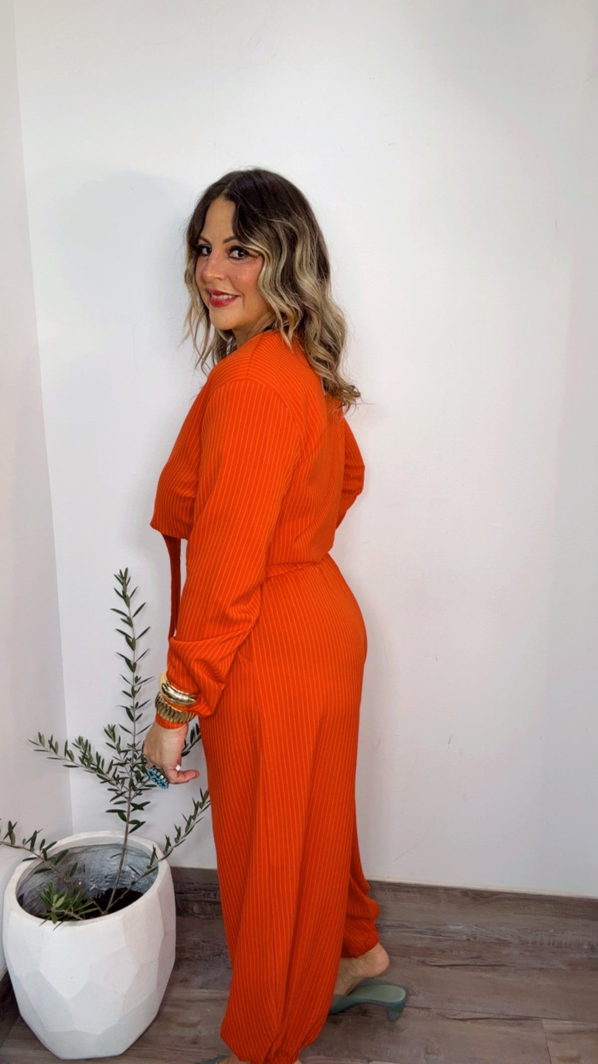 Red Orange Pinstripe Frog Closure Pant Set
