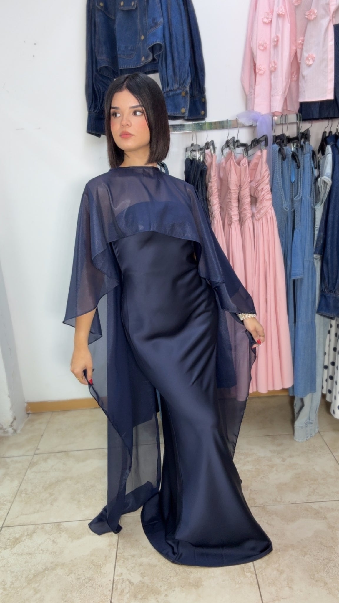 Tunic Classic Satin Maxi Dress (Navy)