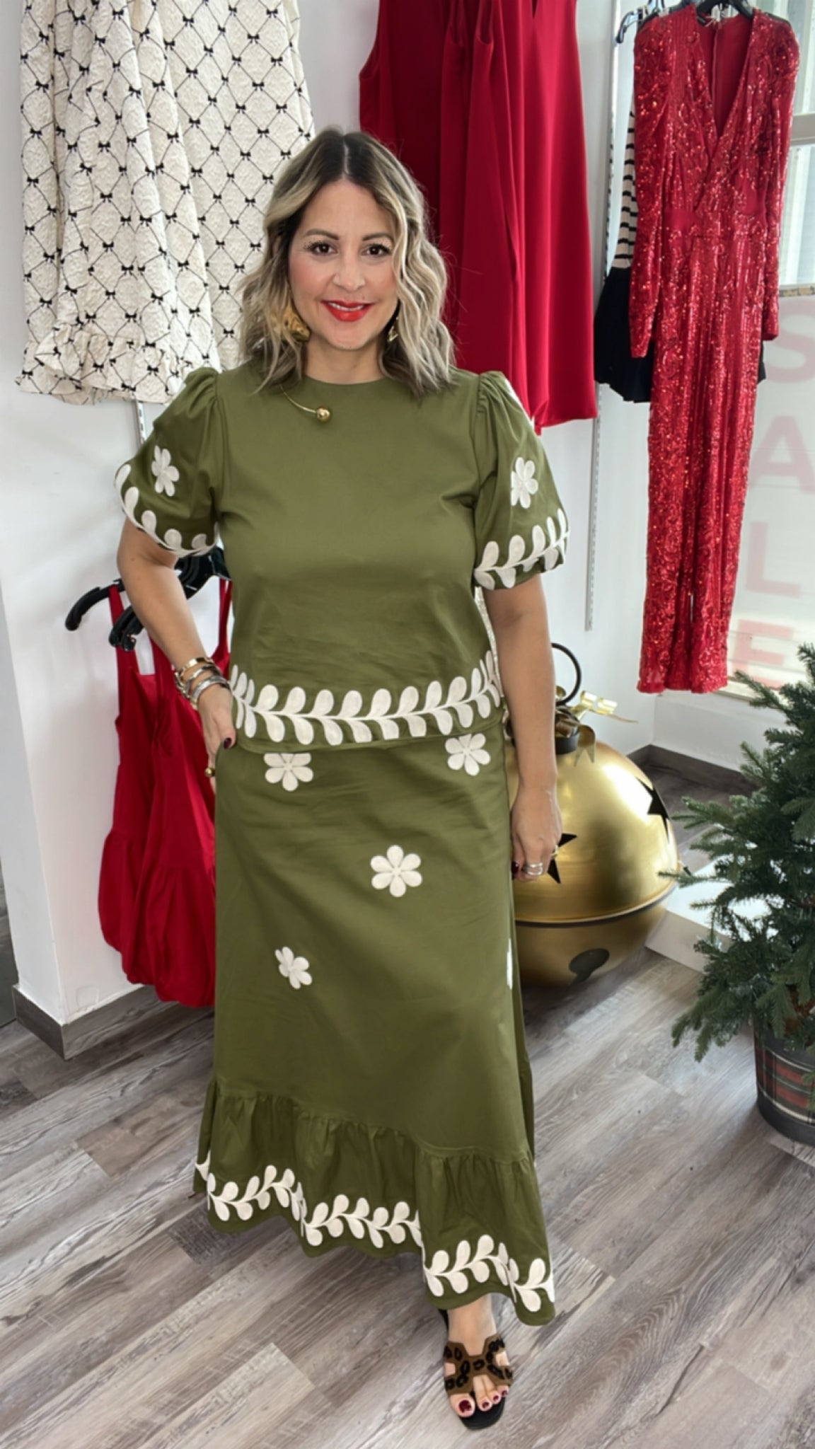 Olive Embroidered Floral Set