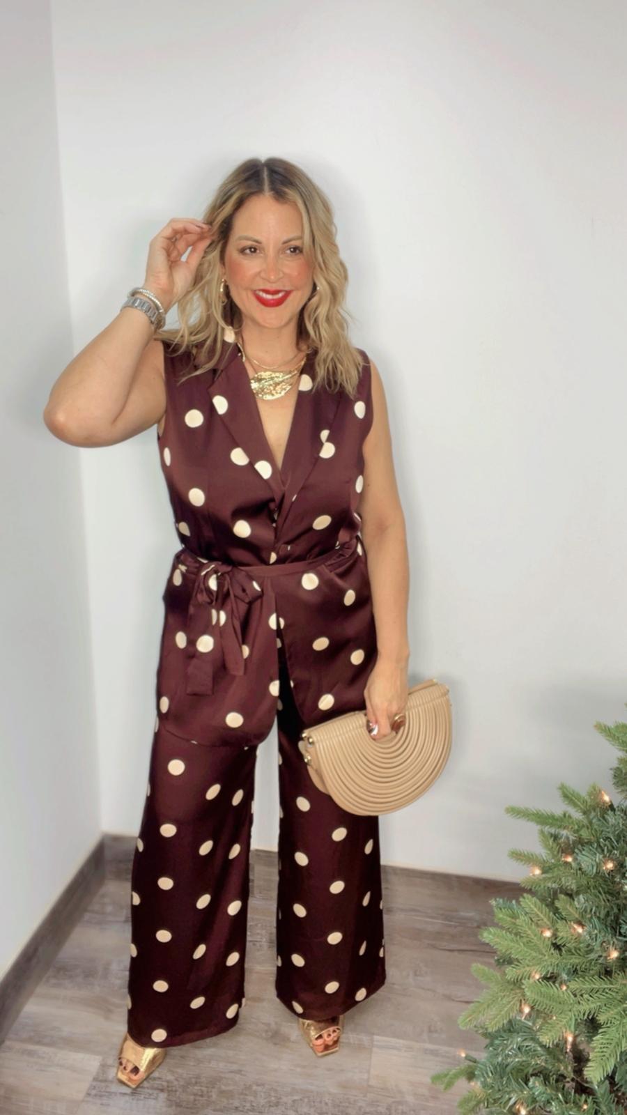 Wine & Cream Polka Dots Satin Vest