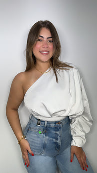 White One Shoulder Satin Blouse
