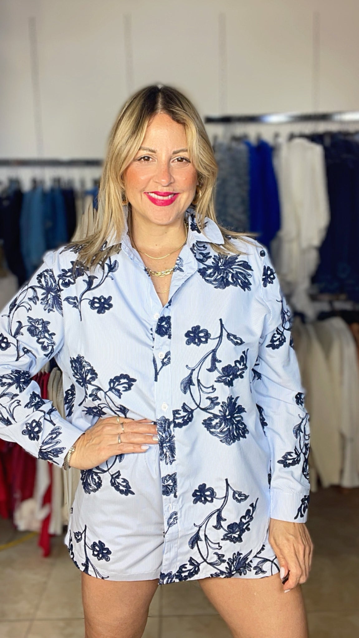 Blue & Blue Floral Top & Short Pant Set