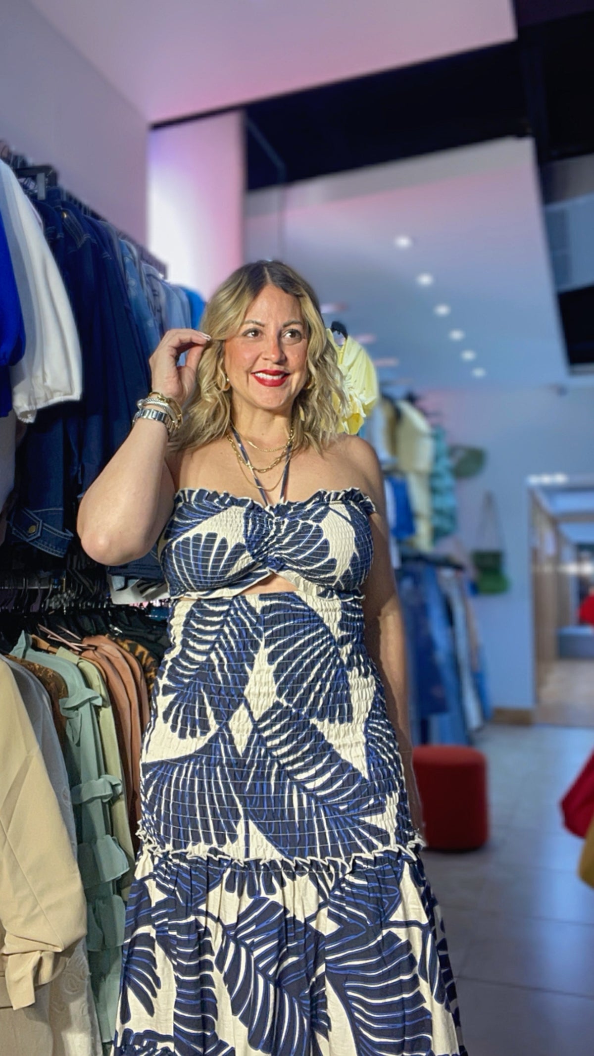 Tropical Leaf Navy Taupe Maxi Dress