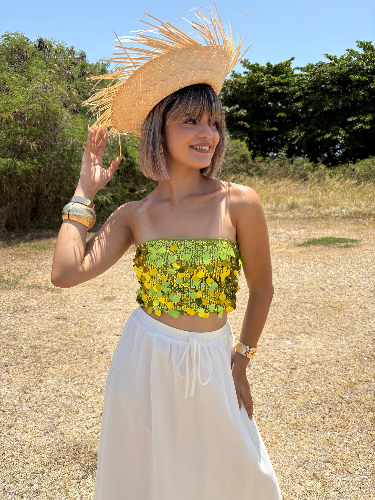Lime Gold Sequin Fringe Top